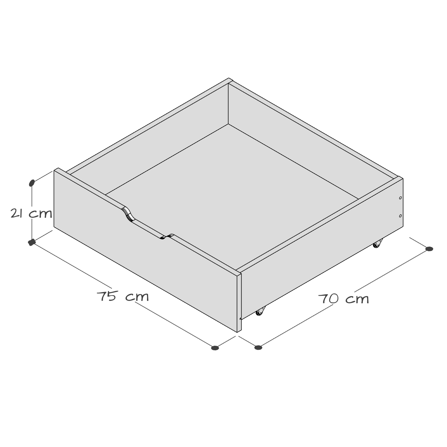 Jerwen - Bed drawer - 75x70x21 cm dimensions and design illustration with rubber-coated wheels.
