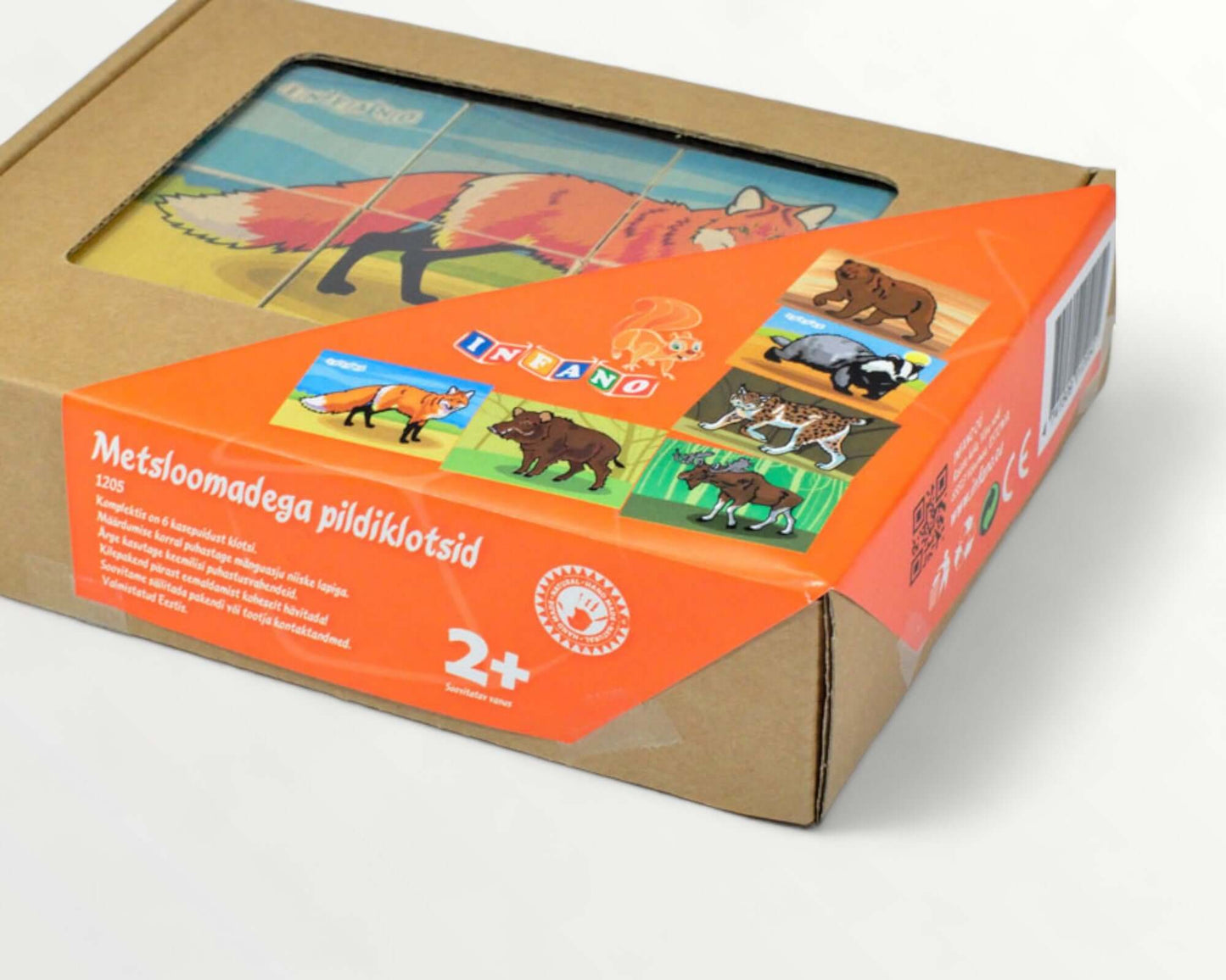 Wooden picture blocks - wild animals - 6 pcs packaging showcasing colorful animal designs and box features.