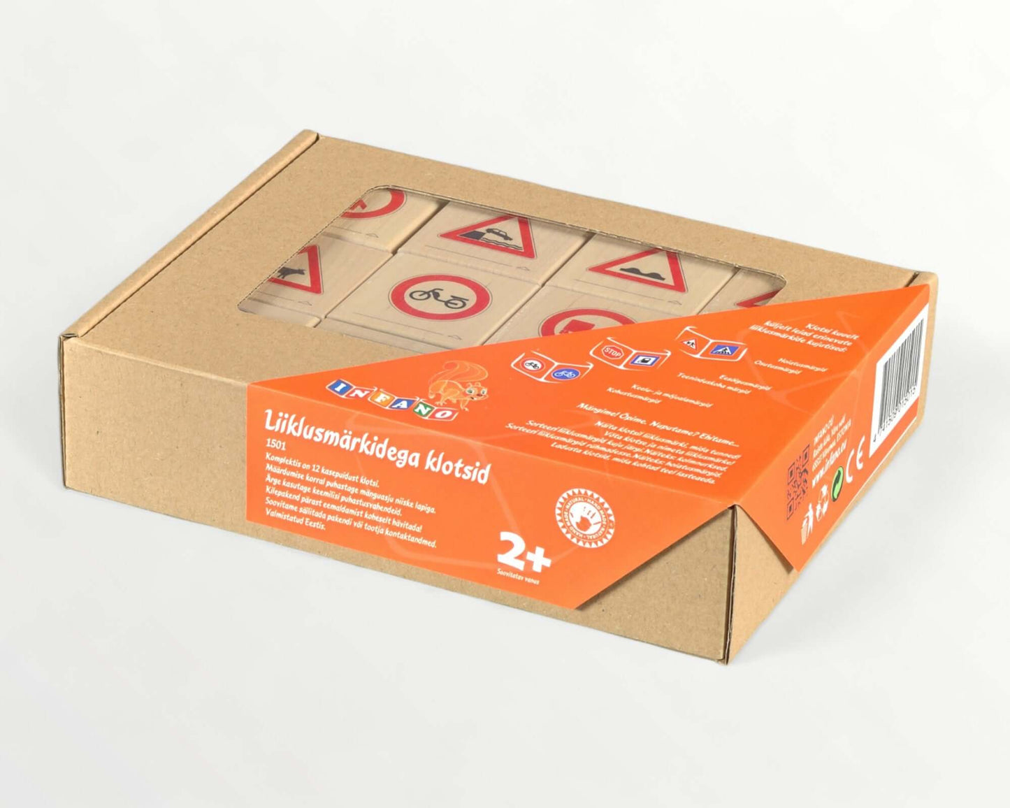 Wooden picture blocks - traffic signs - 12 pcs in a cardboard box with colorful traffic sign designs.