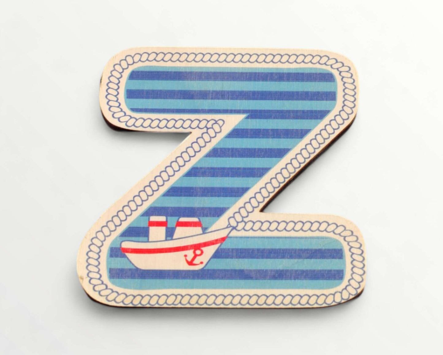 Wooden letter - Blue harbour - Z with blue stripes and boat design, perfect for children's room decor.