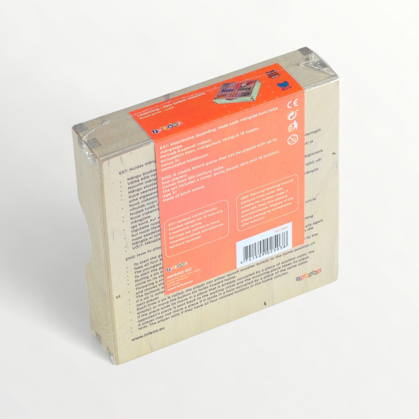 Back view of Ludo board game box showing product details and instructions, perfect for family fun.