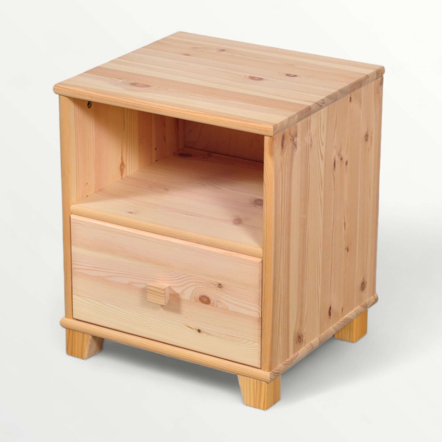 Wooden bedside table with drawer, practical for storing items and placing personal belongings.