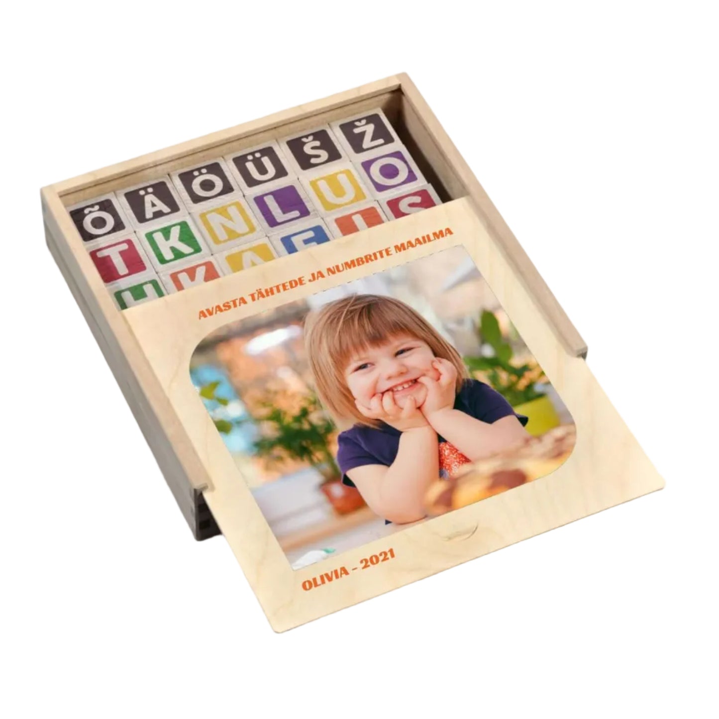 ABC-123 Wooden blocks - 36 pcs in a wooden box with colorful letters and a smiling toddler.