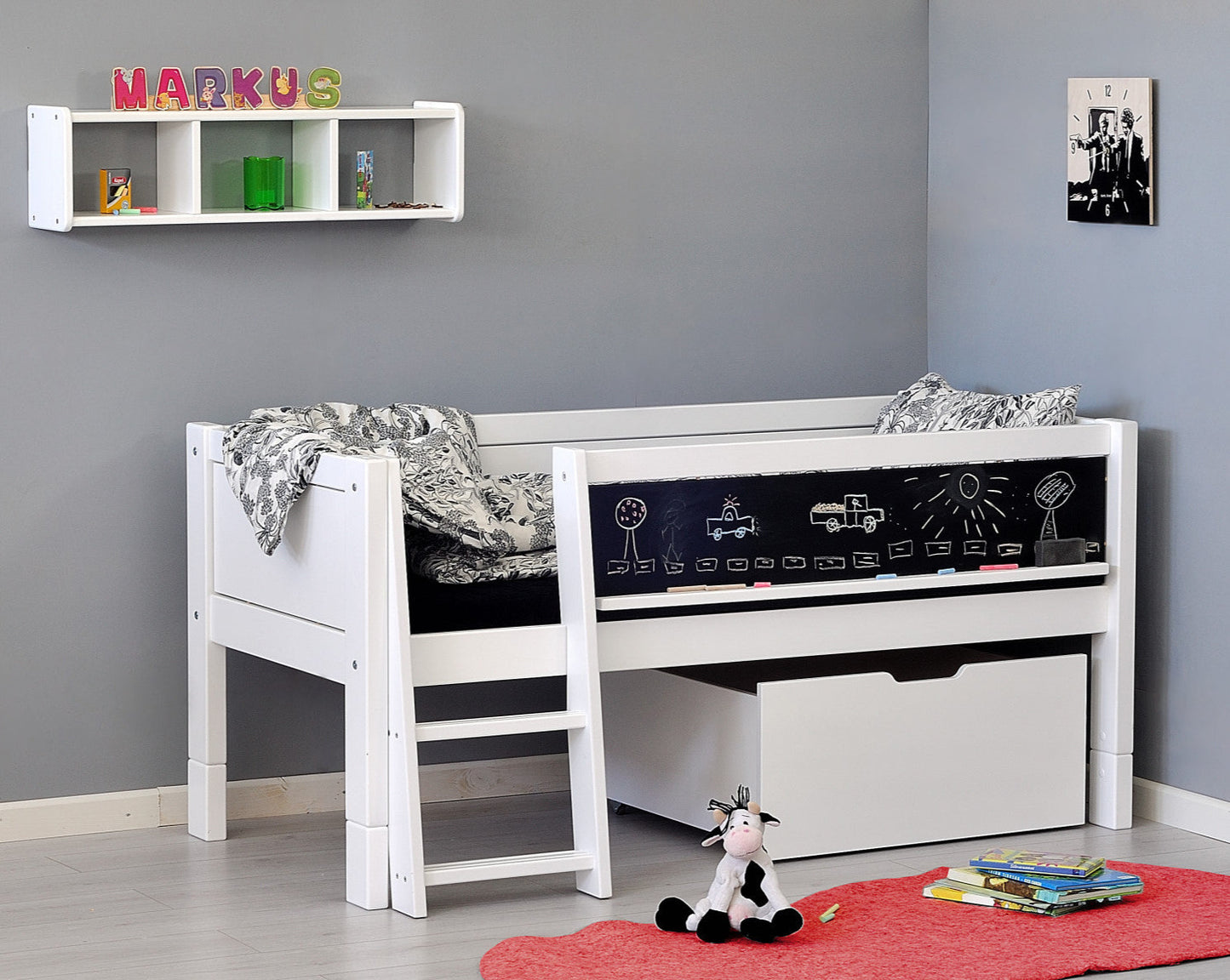 Jerwen - Compact bed with blackboard and ladder - 70x160 cm