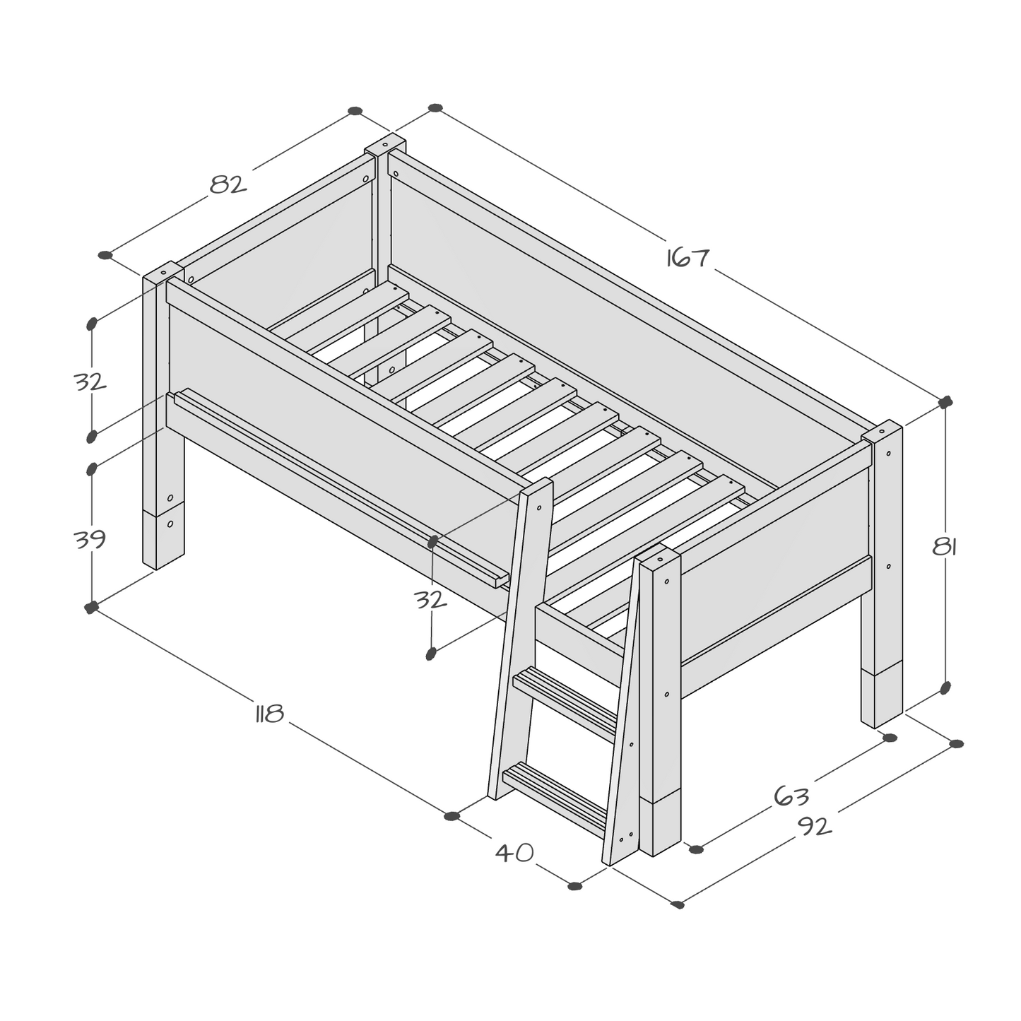 Jerwen - Compact bed with blackboard and ladder - 70x160 cm dimensions and design schematic.