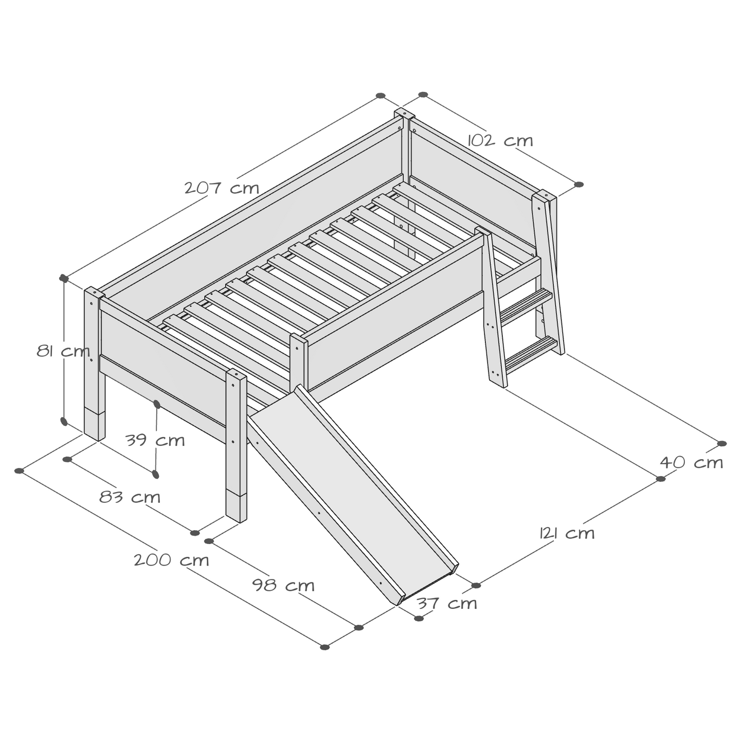 Jerwen - Compact-bed with blackboard, ladder and slide - 90x200 cm dimensions drawing with measurements.