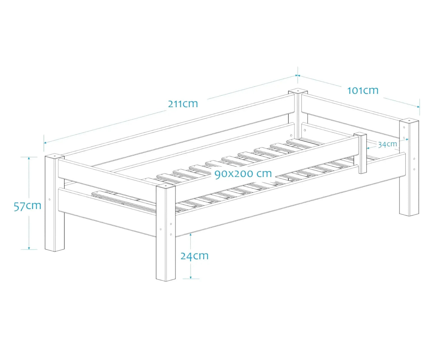 Lahe - Bed with backrest and safety barrier - 90x200 cm - White dimensions and structure diagram.