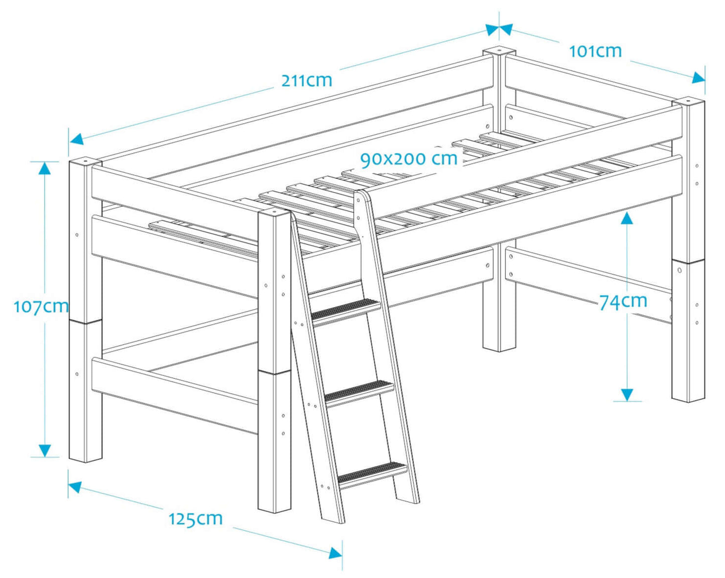 Lahe - Half high bed with slant ladder - 90x200 cm - Natural laquered dimensions and design illustration