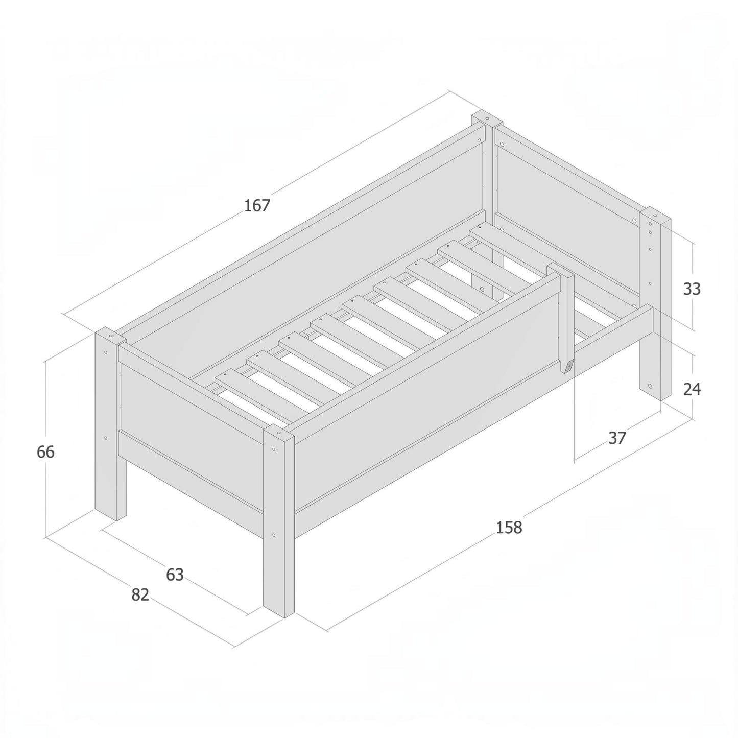Infano Jerwen junior bed technical drawing showing dimensions for a 70x160 cm solid birch wood frame with safety rail