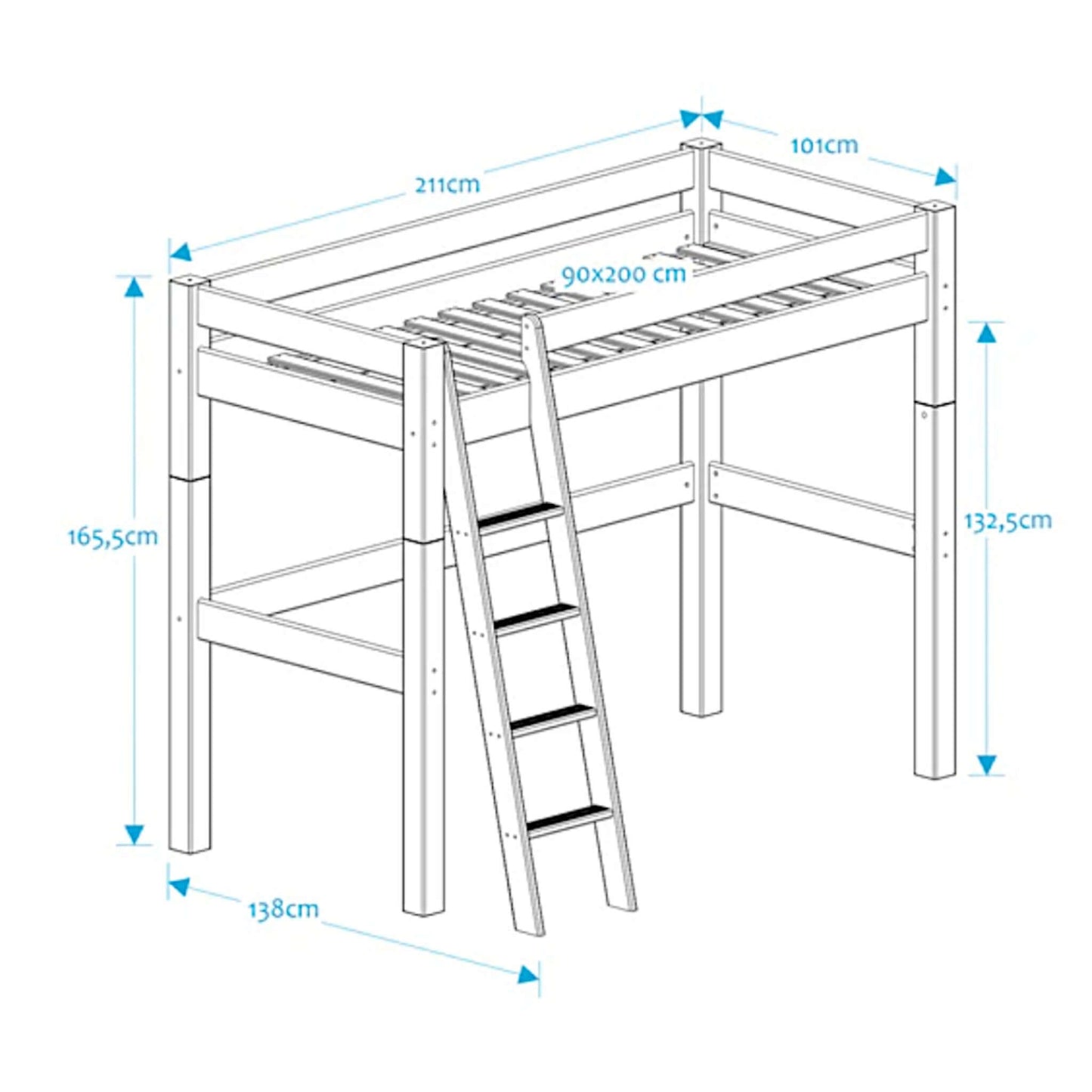 Lahe - High bed with slant ladder - 90x200 cm - White dimensions and design details illustration.