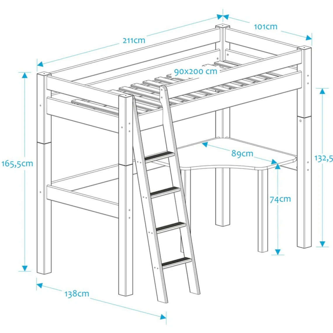Lahe - High bed with slant ladder and corner table top - 90x200 cm - White dimensions and design illustration