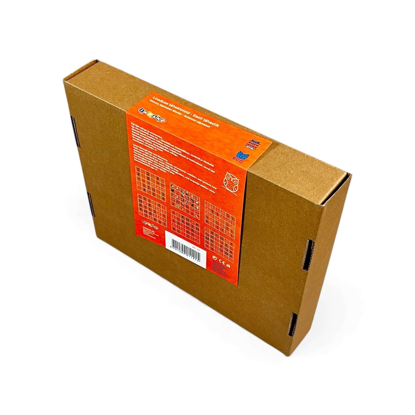 Nature Alphabet Blocks - Estonian Alphabet - Set of 30 packaging, showing the back design and product details.