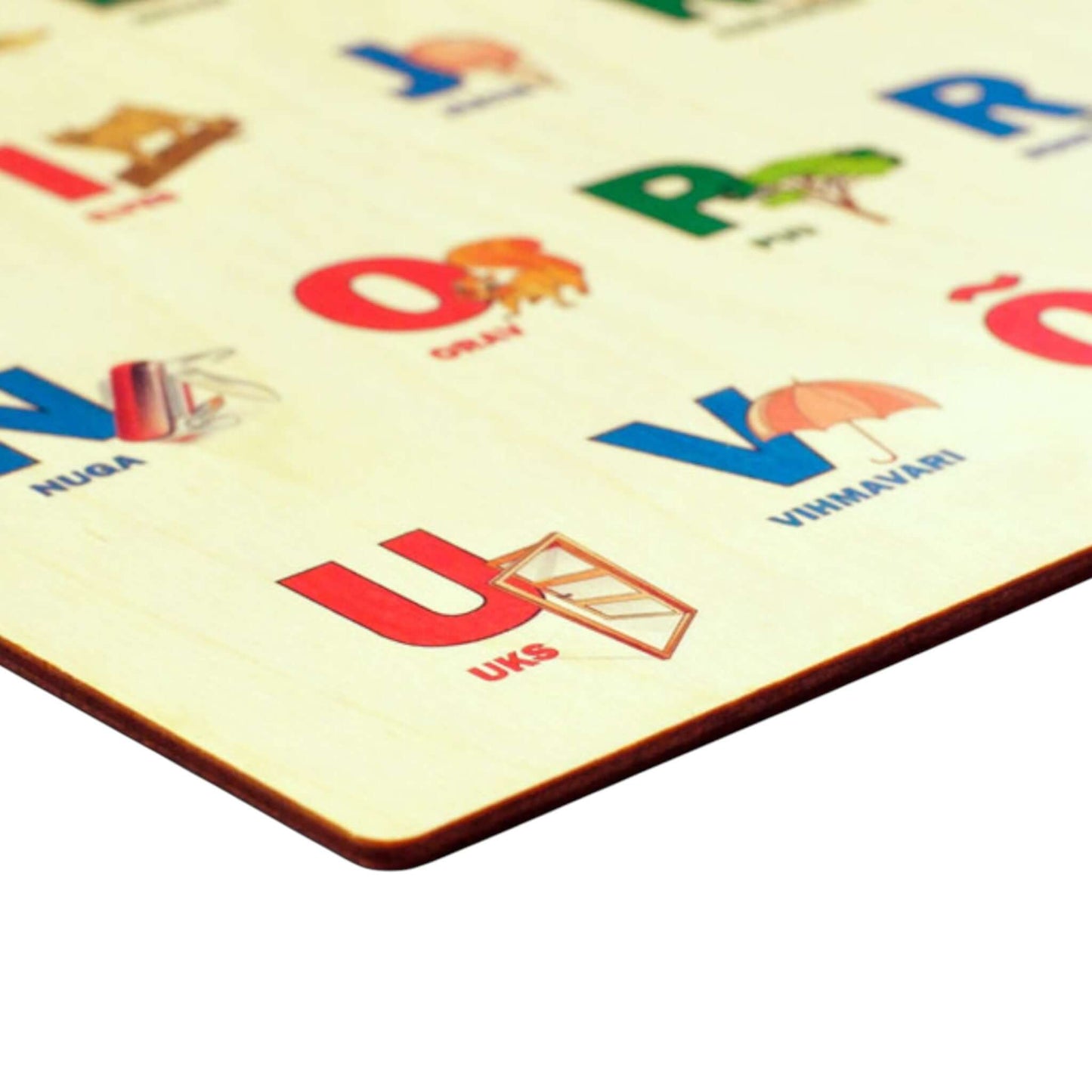 Wooden plaque - estonian alphabet showing letters with illustrations on birch plywood.