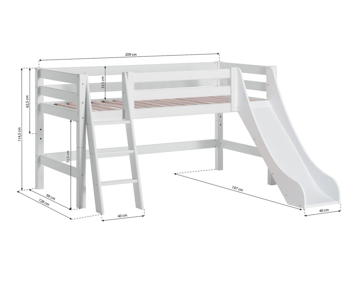 ECO Luxury - Half high bed with slide and slant ladder - 90x200 cm - white
