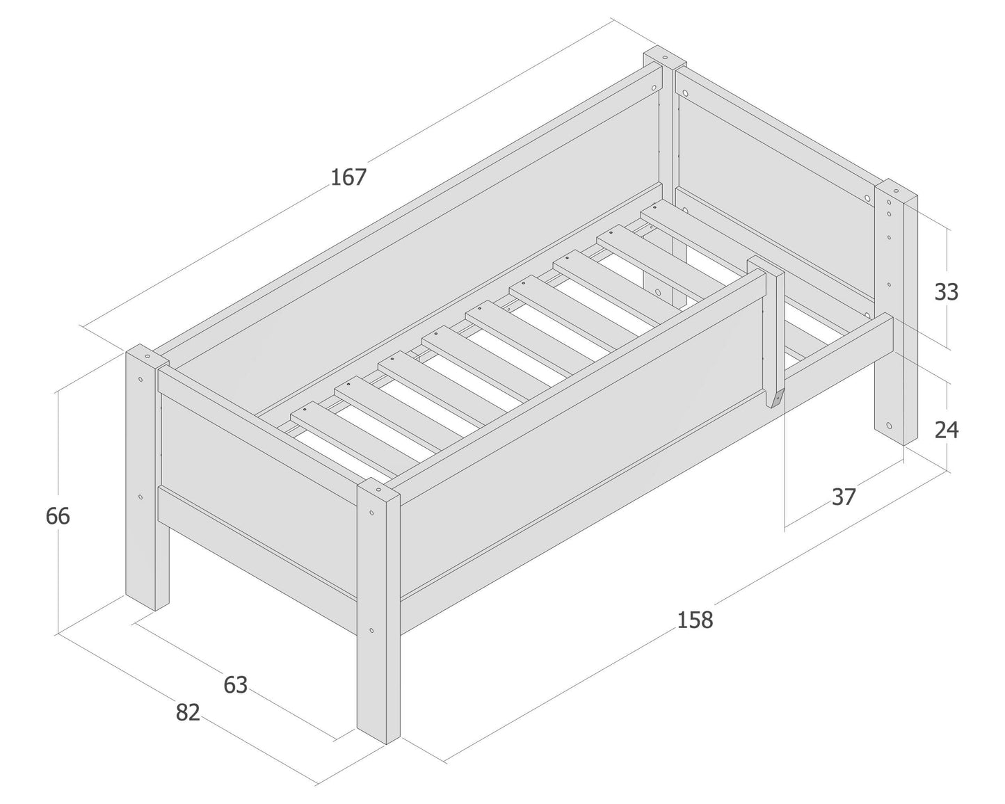 Jerwen - Junior bed with safety barrier - 70x160 cm dimensions illustration