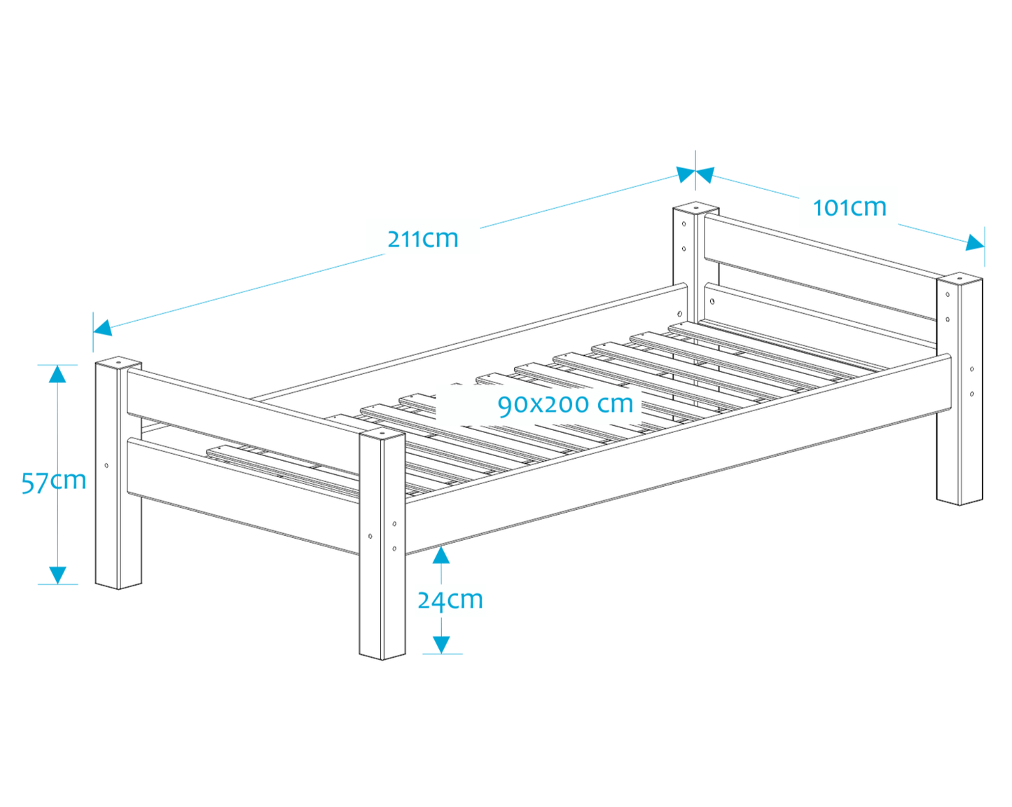 Lahe - Bed - 90x200 cm - White dimensions illustration showing bed frame design and measurements.