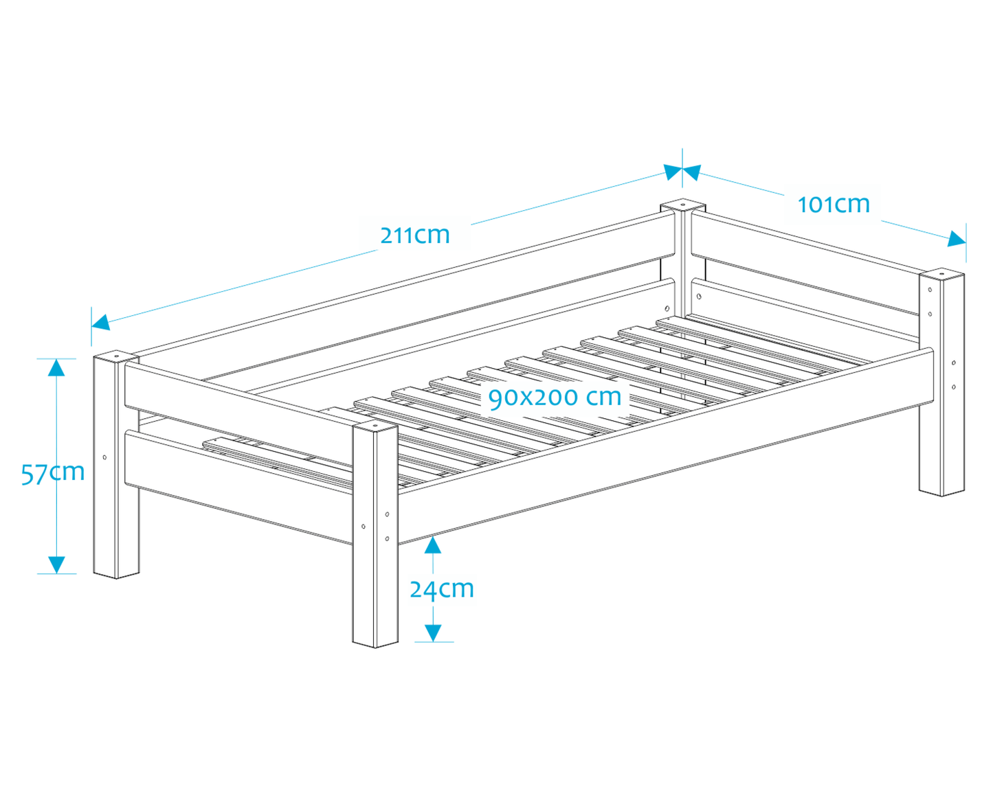 Lahe - Bed with backrest - 90x200 cm - White dimensions illustration, showing size and structure details.