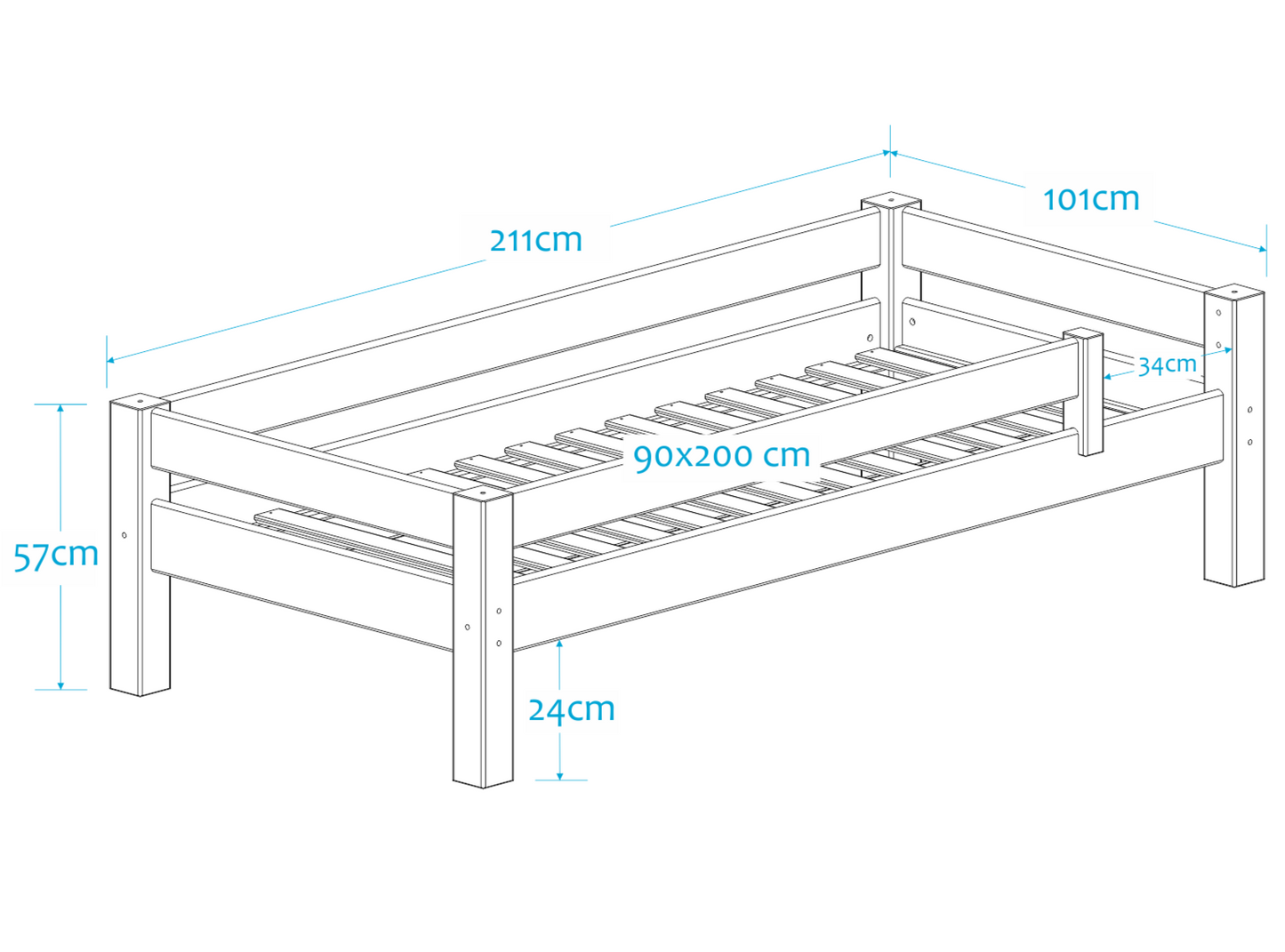 Lahe - Bed with backrest and safety barrier - 90x200 cm - White