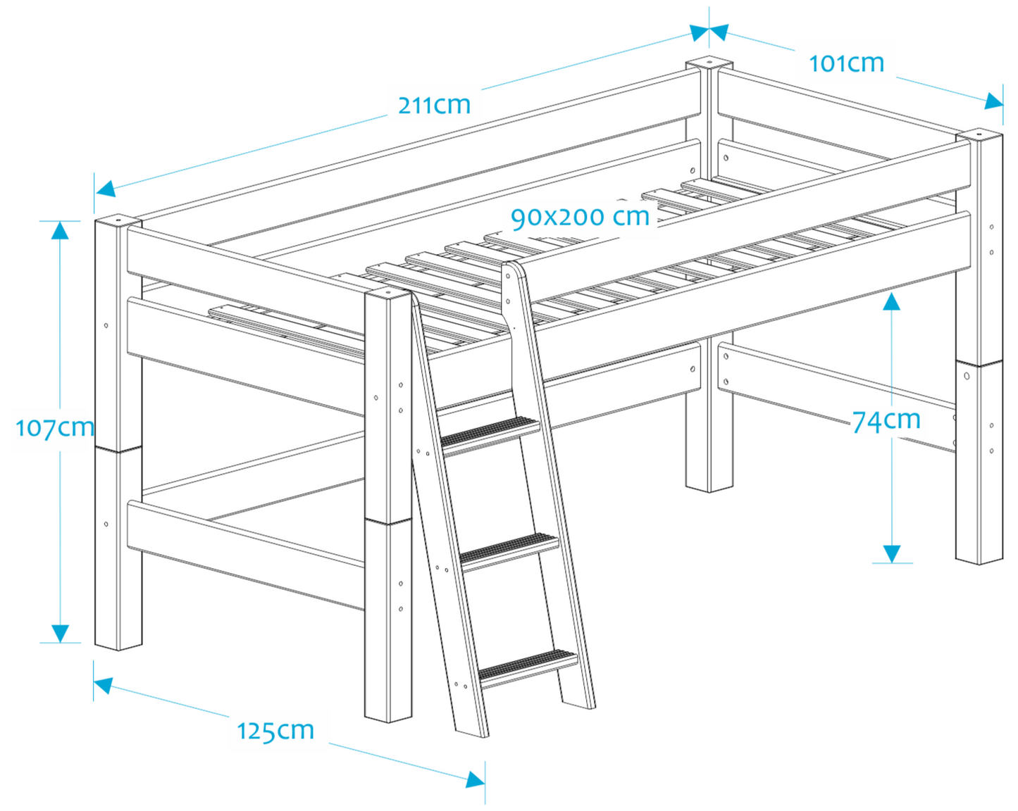 Lahe - Half high bed with slant ladder - 90x200 cm - White