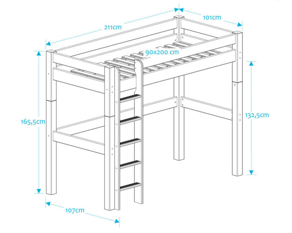 Lahe - Highbed with straight ladder - 90x200 cm - White dimensions illustration showing measurements.