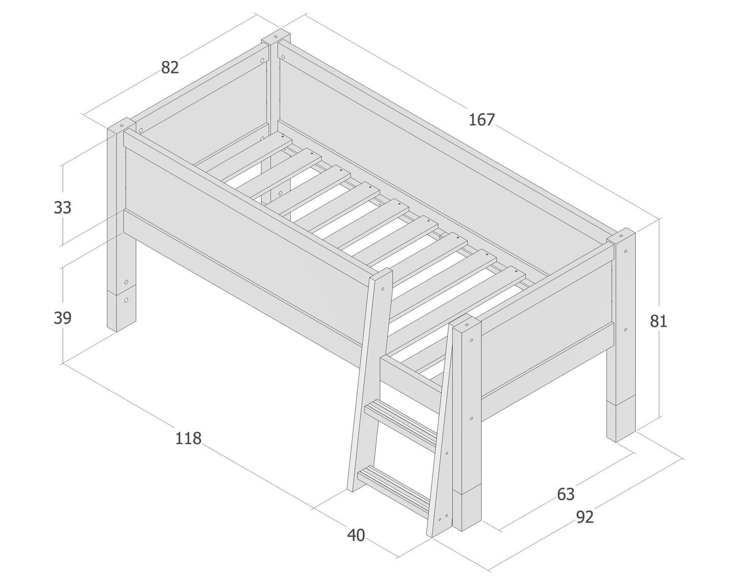 Jerwen - Compact bed with safety barrier and ladder - 70x160 cm dimensions and design overview.
