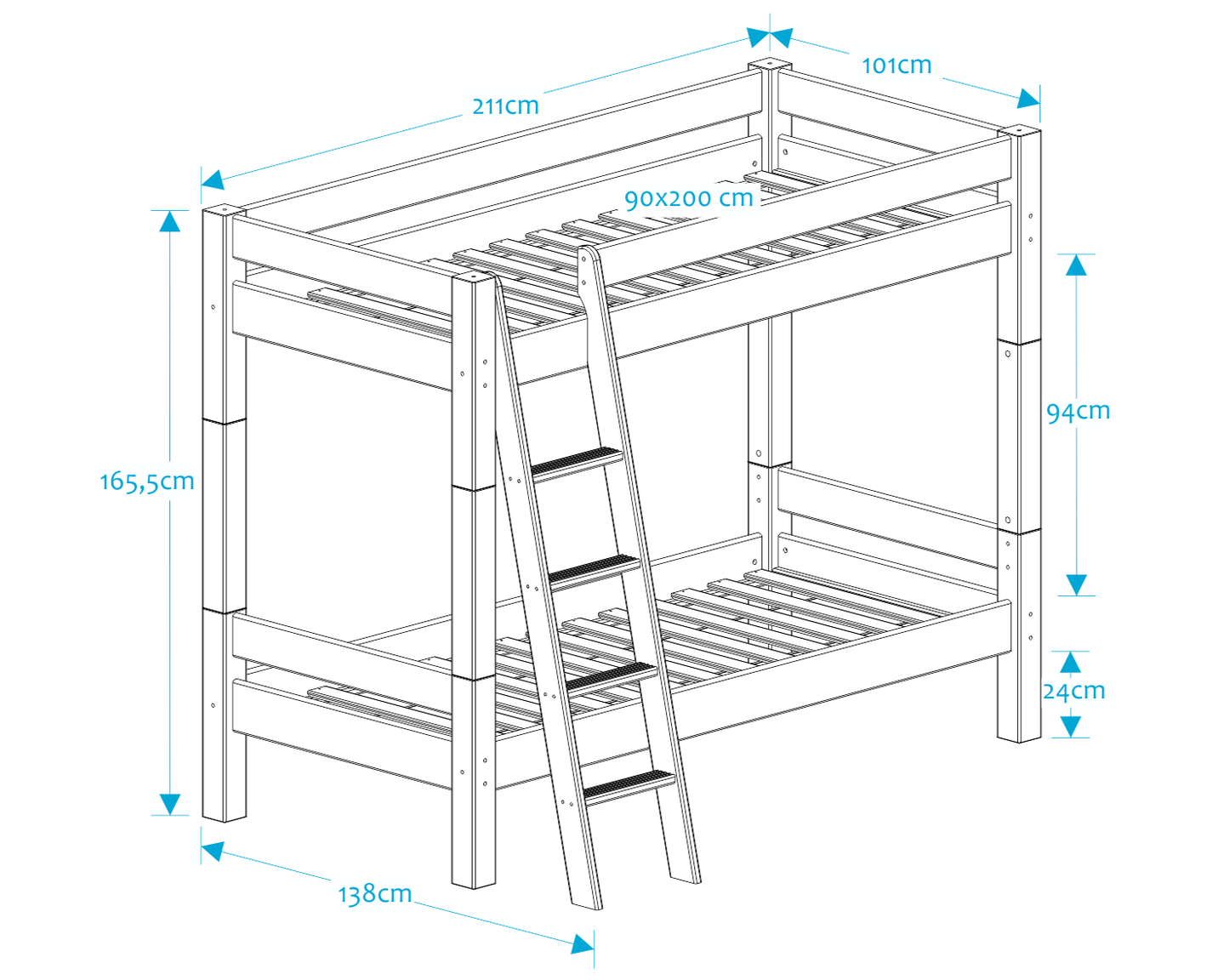 Lahe - Bunk bed with slant ladder - 90x200 cm - White dimensions illustration with measurements.
