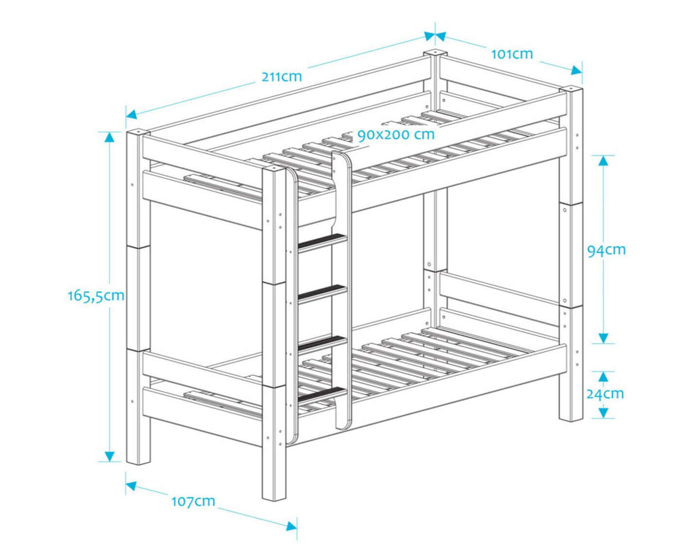 Lahe - Bunk bed with straight ladder - 90x200 cm - White dimensions illustration with measurements