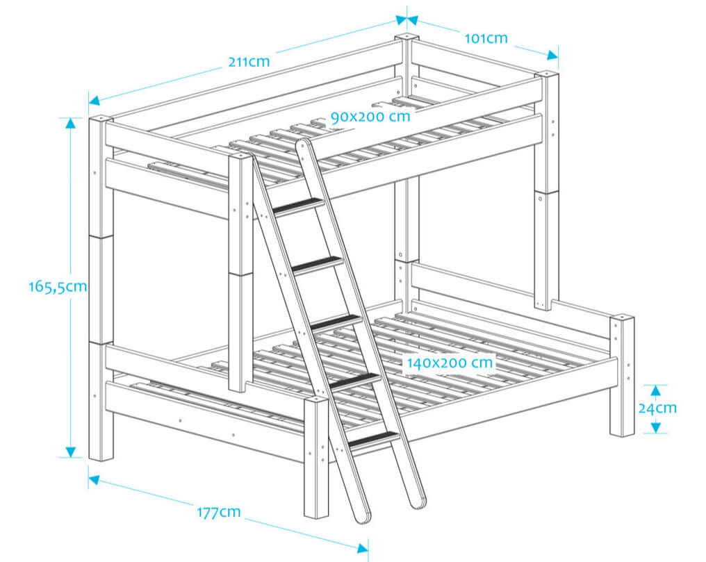 Lahe - Family bunk bed - 90/140x200 cm - White with detailed dimensions and ladder illustration.