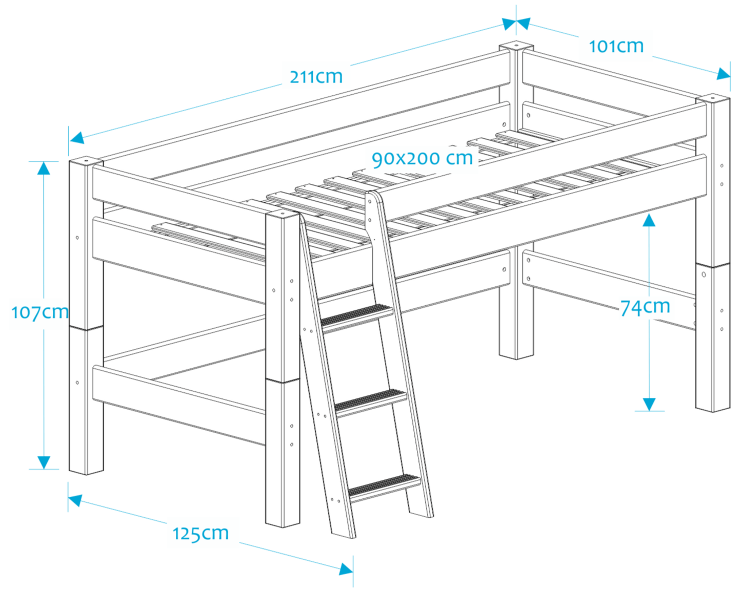 Lahe - Half high bed with slant ladder - 90x200 cm - White dimensions and specifications diagram.