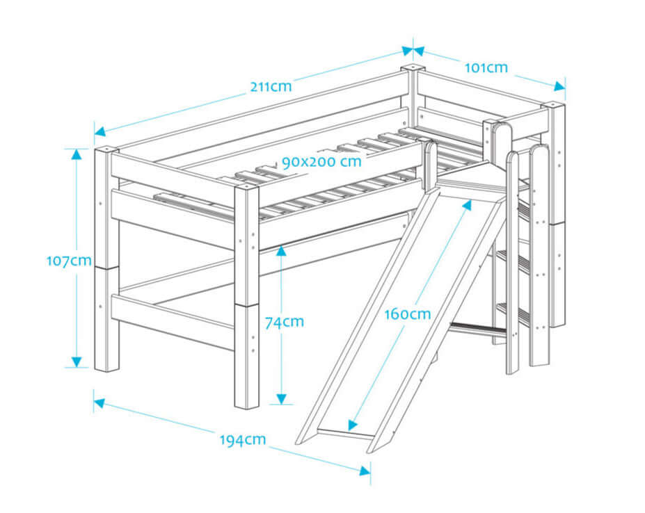 Lahe - Halfhigh bed with slide and platform - 90x200 cm - Natural dimensions diagram showing measurements and features.