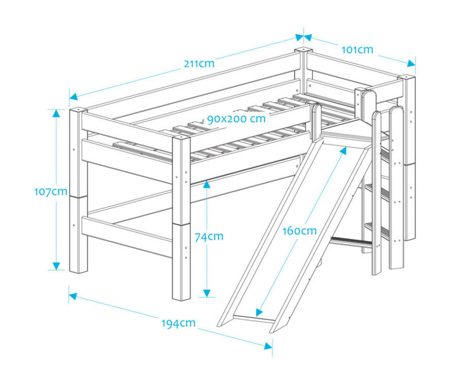Lahe - Halfhigh bed with slide and platform - 90x200 cm - Natural dimensions diagram showing measurements and features.