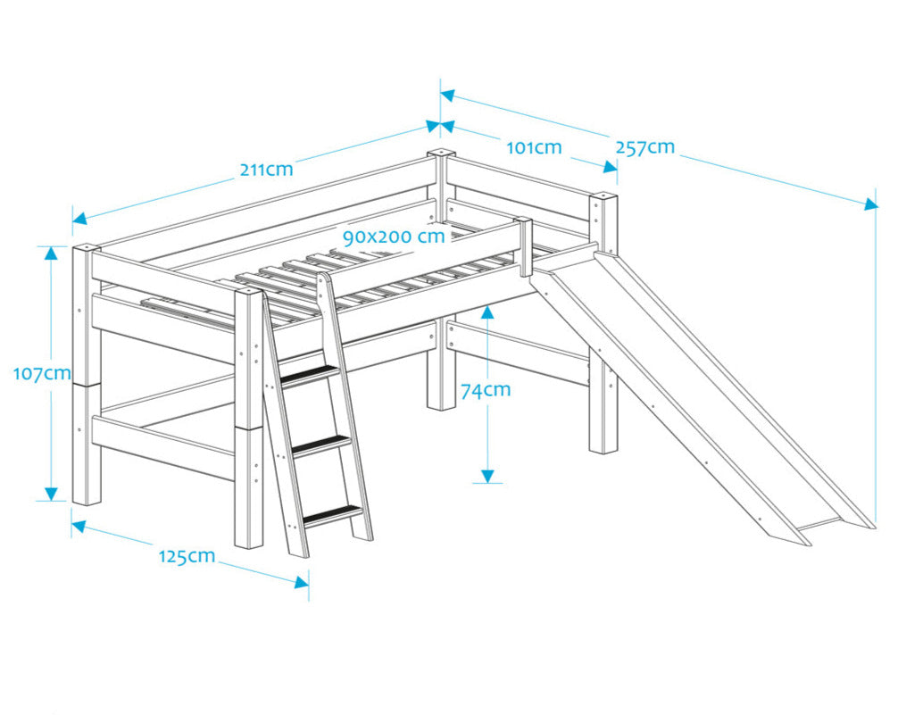 Lahe - Halfhigh bed with slanted ladder and slide - 90x200 cm - Natural
