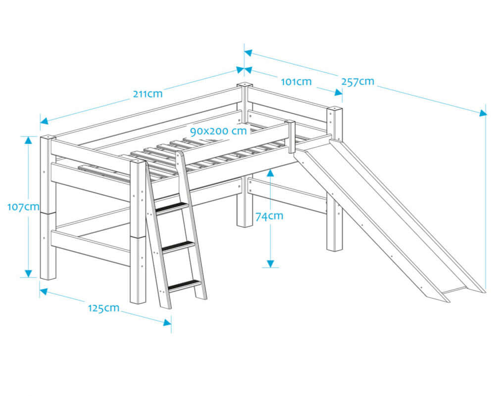 Lahe - Halfhigh bed with slanted ladder and slide - 90x200 cm - Natural dimensions and specifications illustration