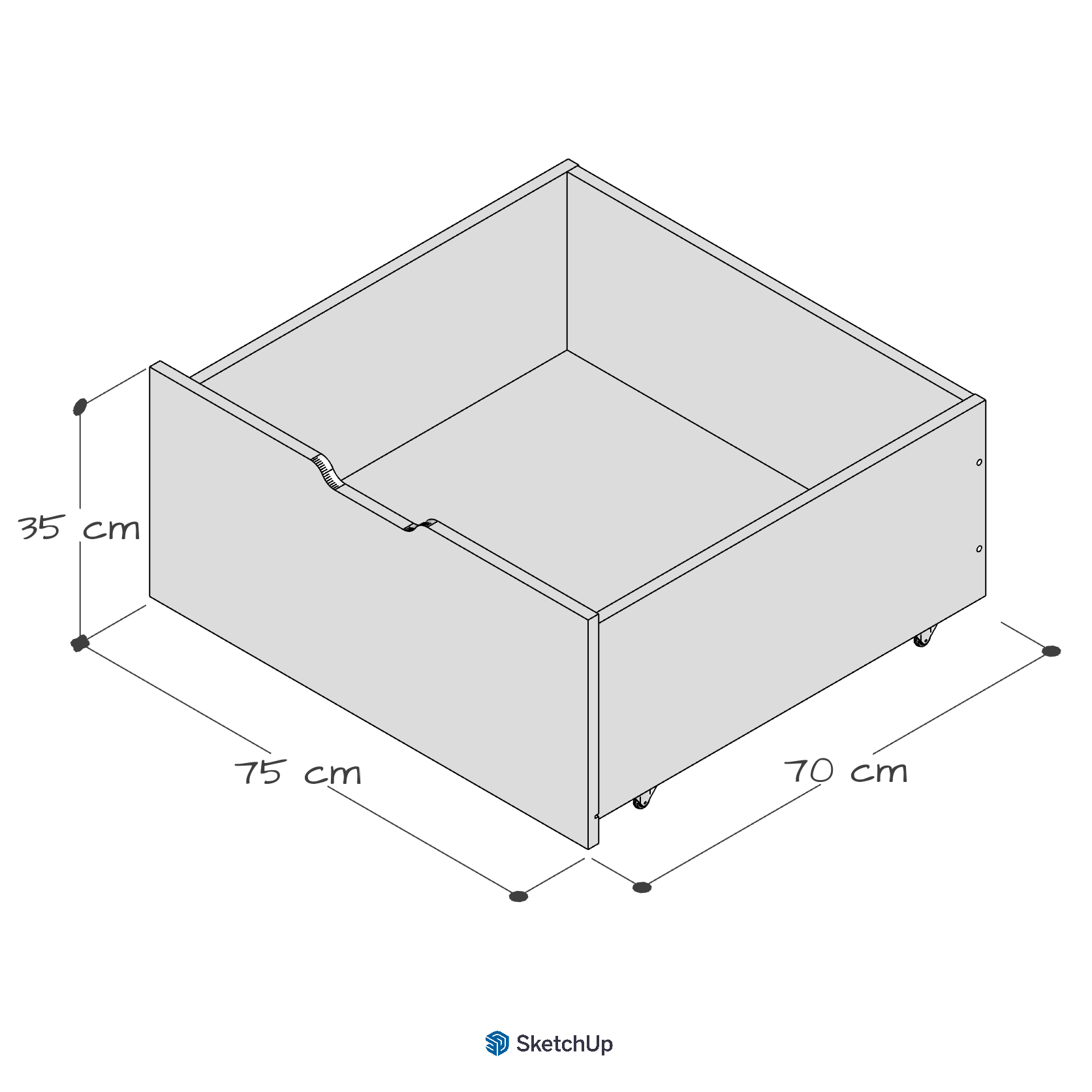 Jerwen - Bed drawer - 75x70x35 cm dimensions illustration showing storage design and measurements.