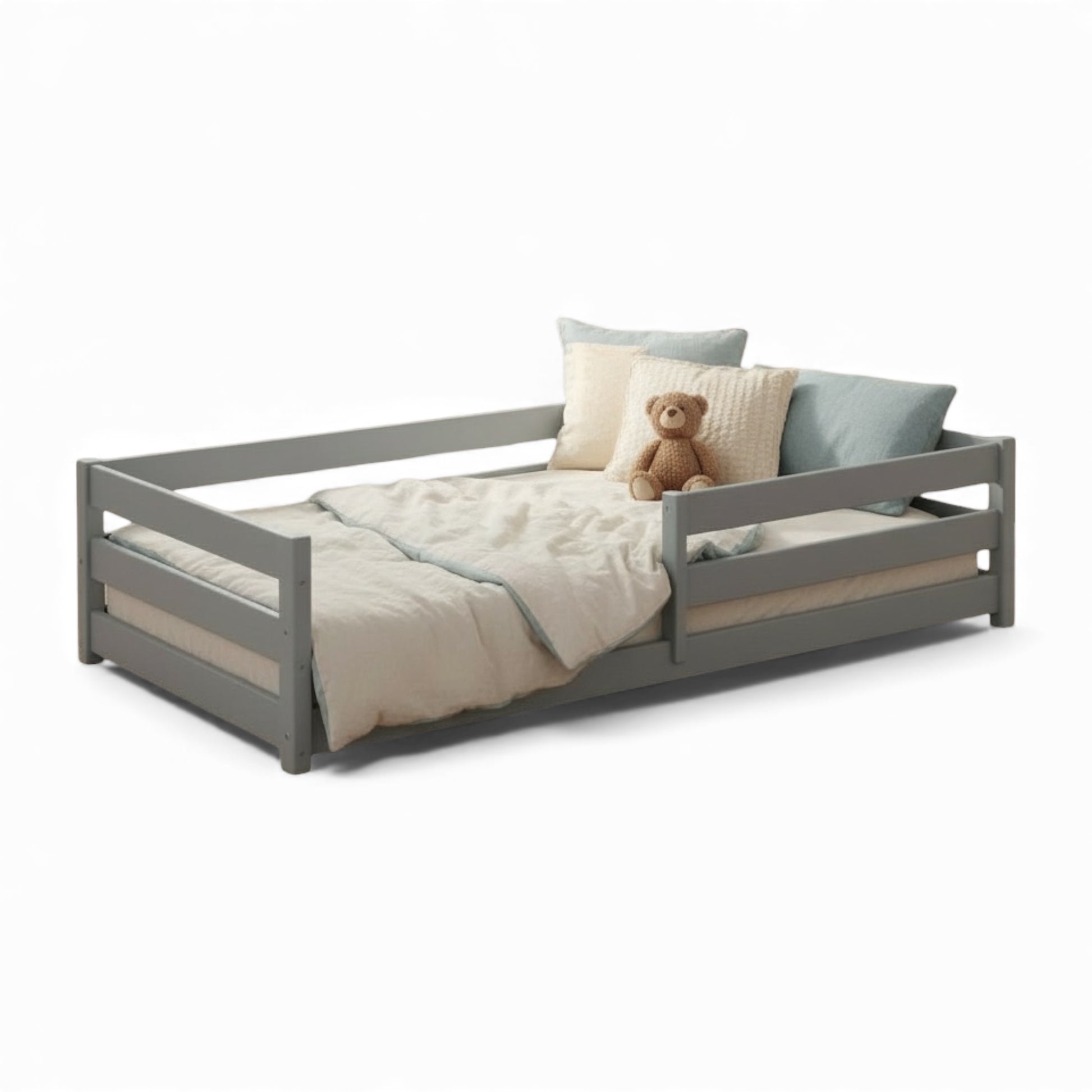 Lily - Kids' Floor Bed in grey with soft bedding and a teddy bear, designed for safe and independent sleeping.