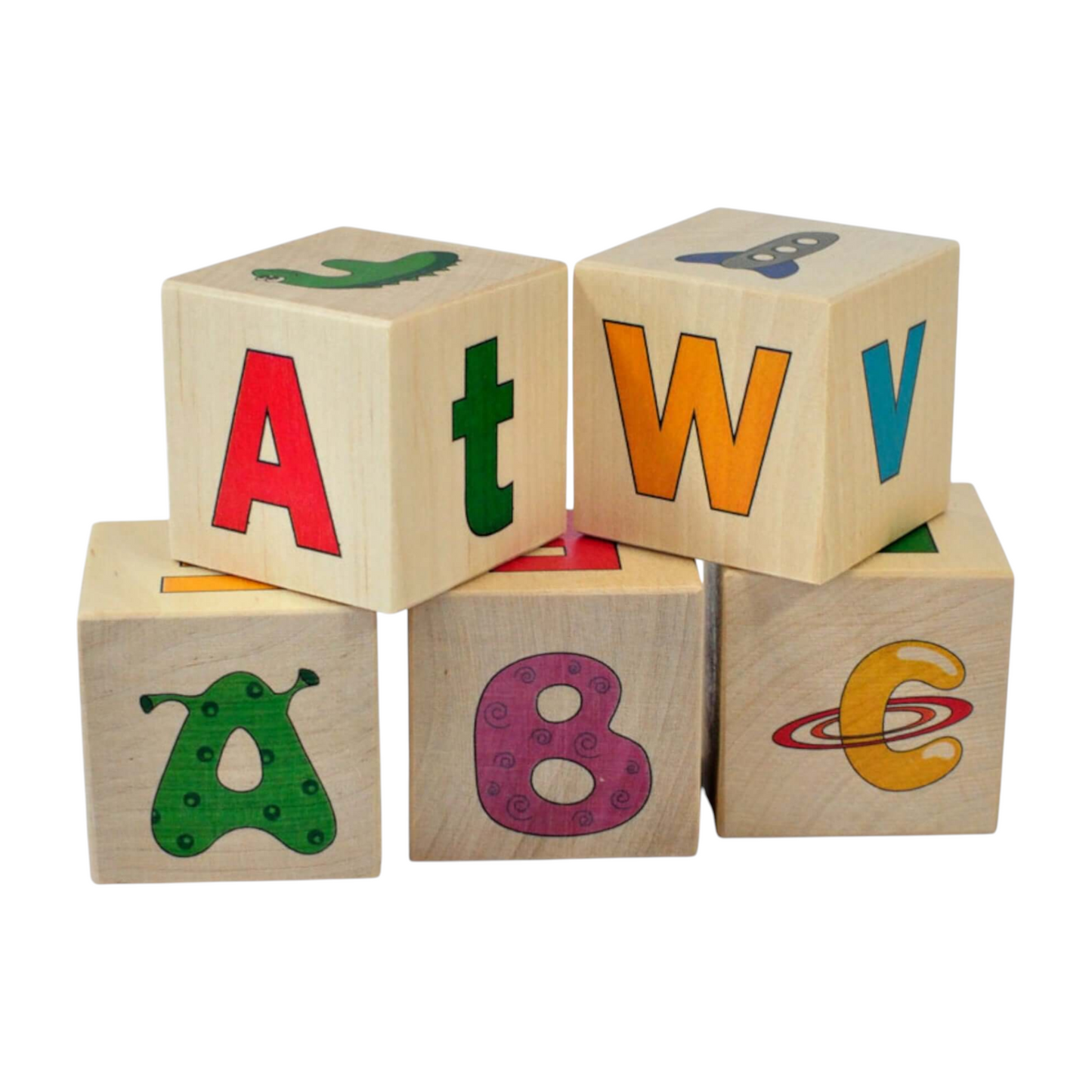 Wooden letter blocks - 12 pcs featuring colorful letters and patterns for learning and play.