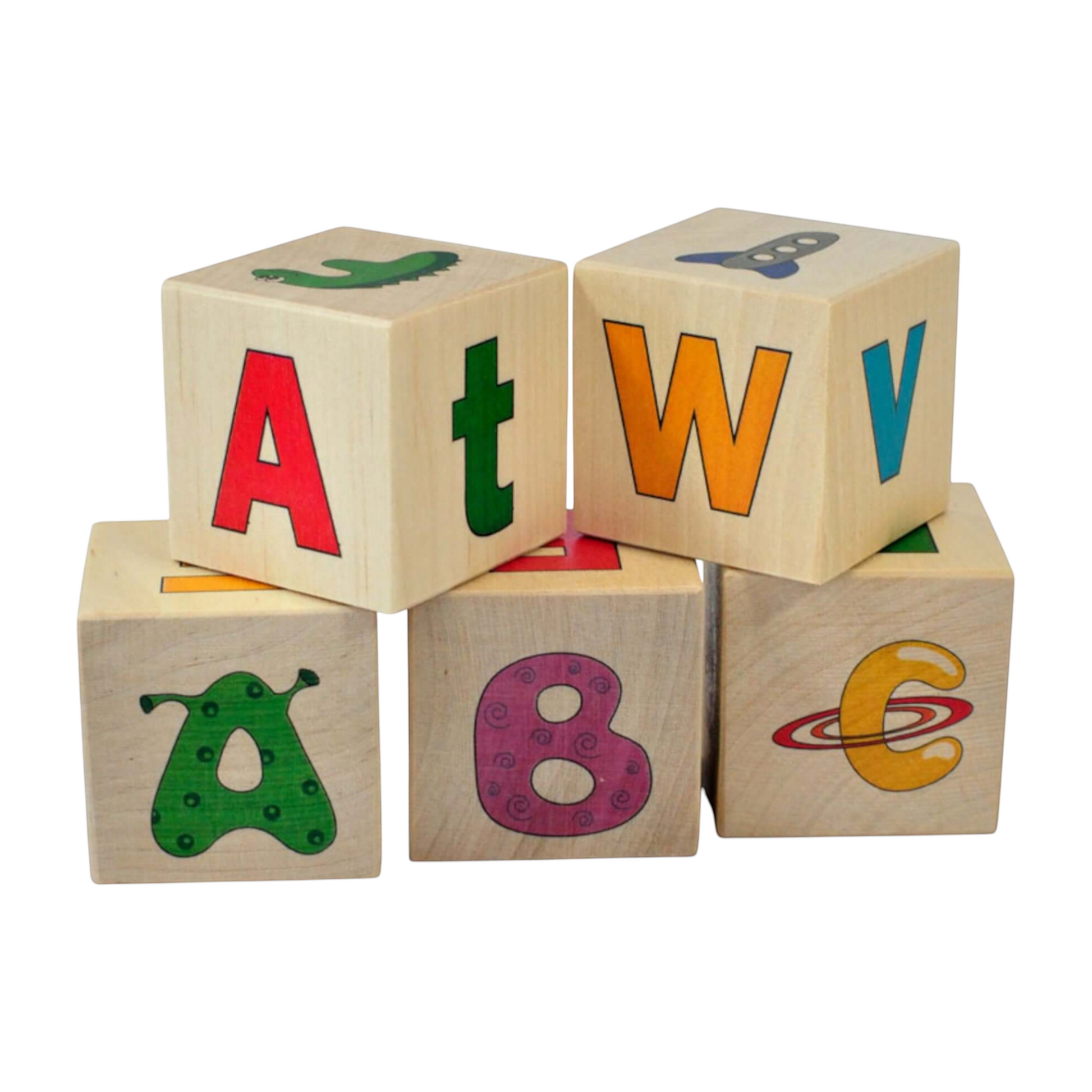 Wooden letter blocks - 12 pcs featuring colorful letters and patterns for learning and play.