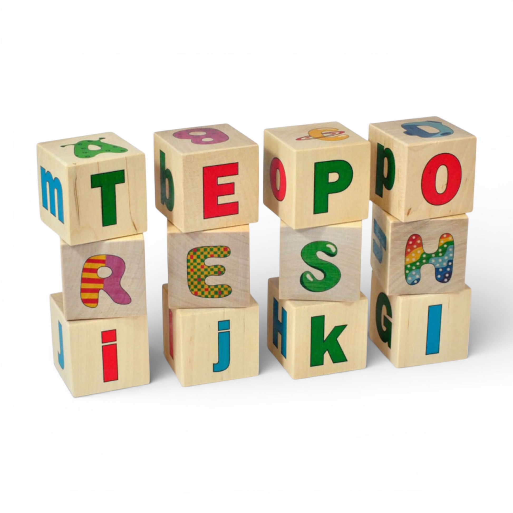 Wooden letter blocks - 12 pcs, colorful patterned alphabet wooden blocks for kids learning.