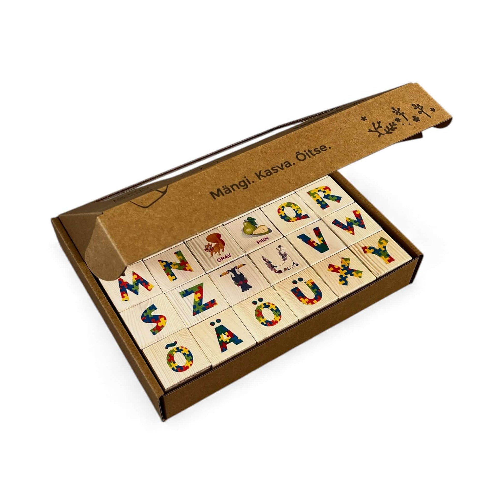 Wooden letter blocks - estonian alphabet - 30 pcs, featuring colorful designs and illustrations for children's learning.