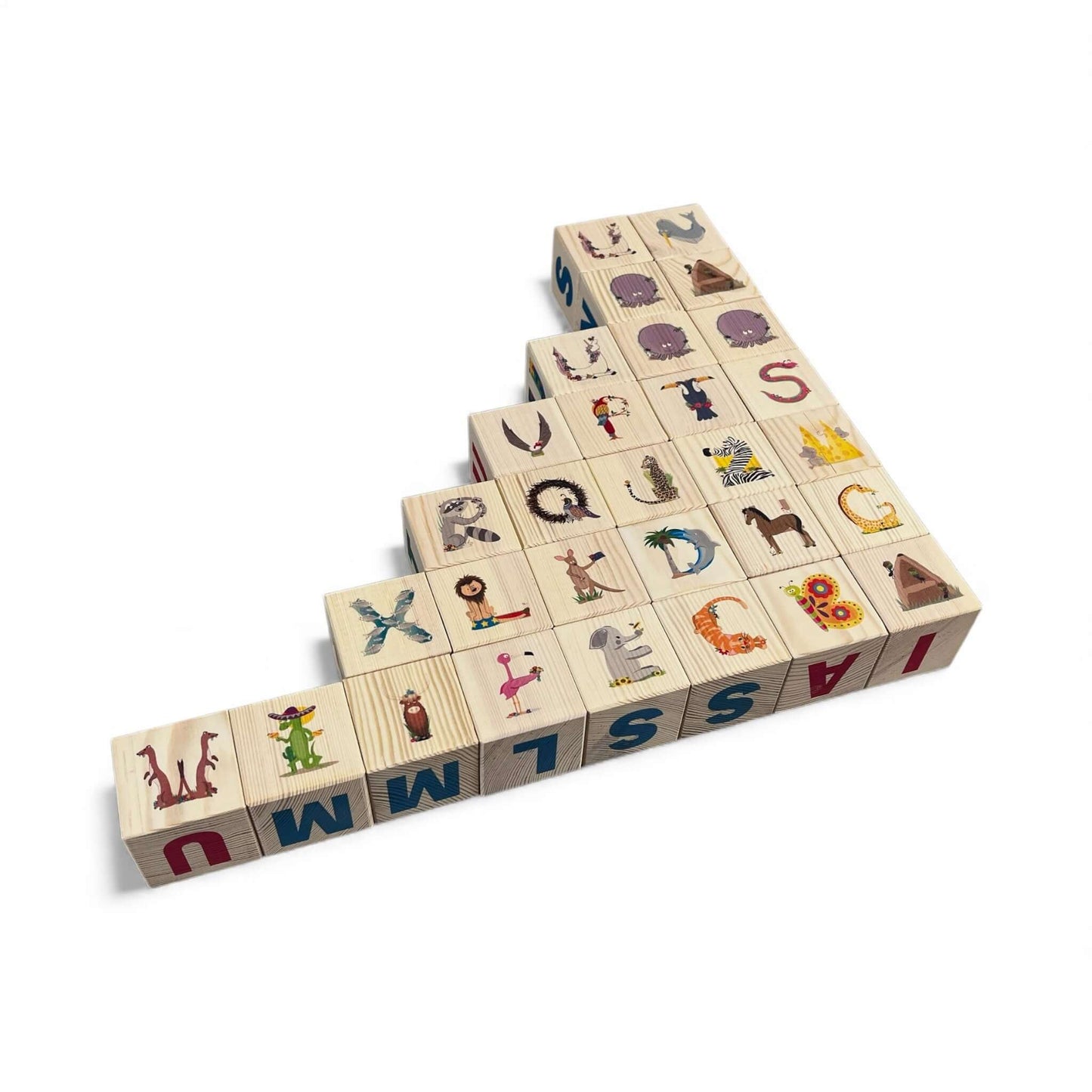 Wooden letter blocks - estonian alphabet - 30 pcs arranged in a playful design with images and letters.