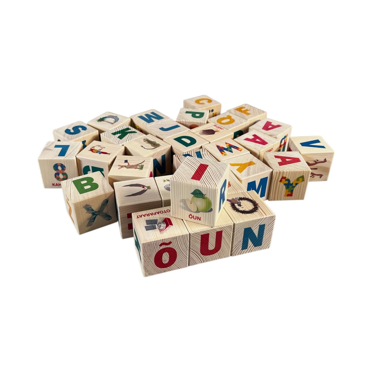 Wooden letter blocks - estonian alphabet - 30 pcs arranged in a playful pile with letters and images.