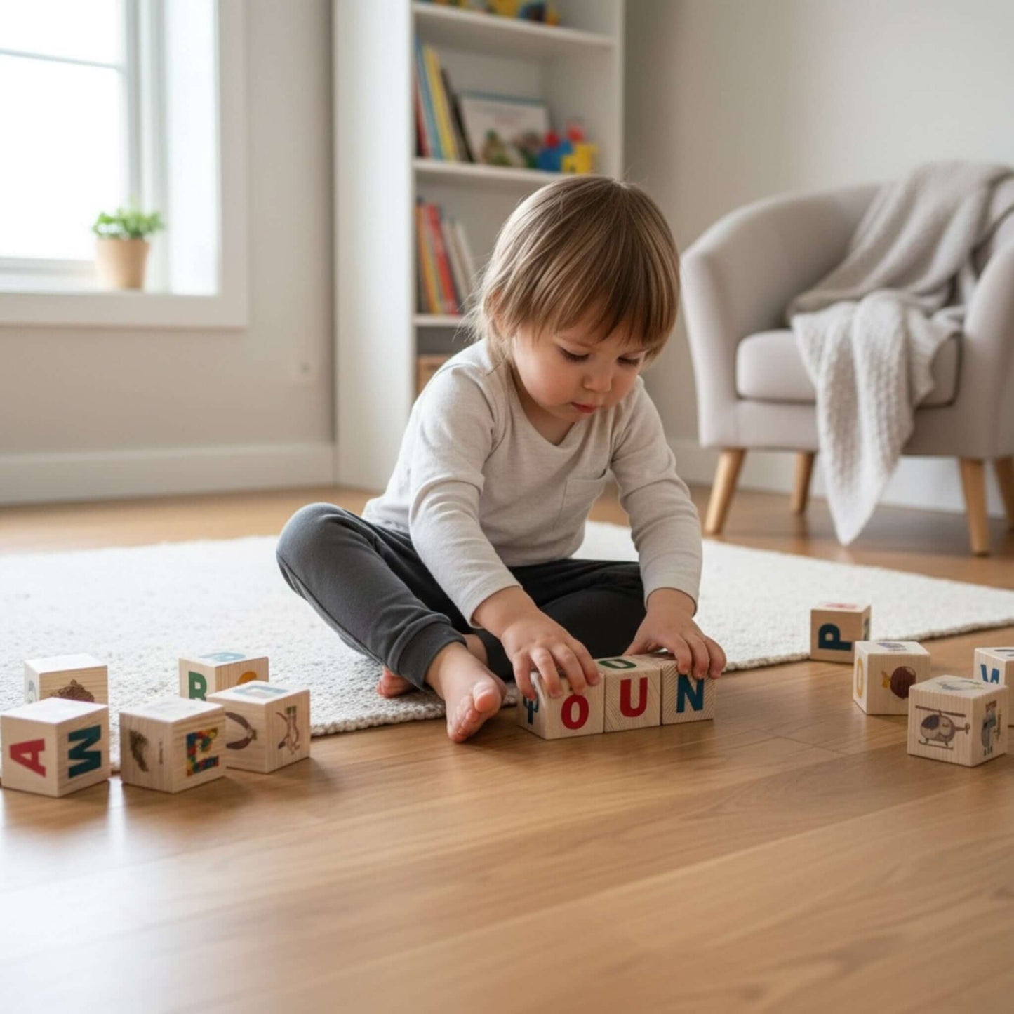 Child playing with Wooden letter blocks - estonian alphabet - 30 pcs on the floor, learning letters and sounds.