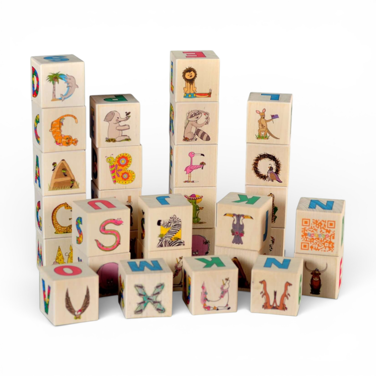 Wooden letter blocks - finnish alphabet - 30 pcs, featuring colorful illustrations and letters for kids' learning.