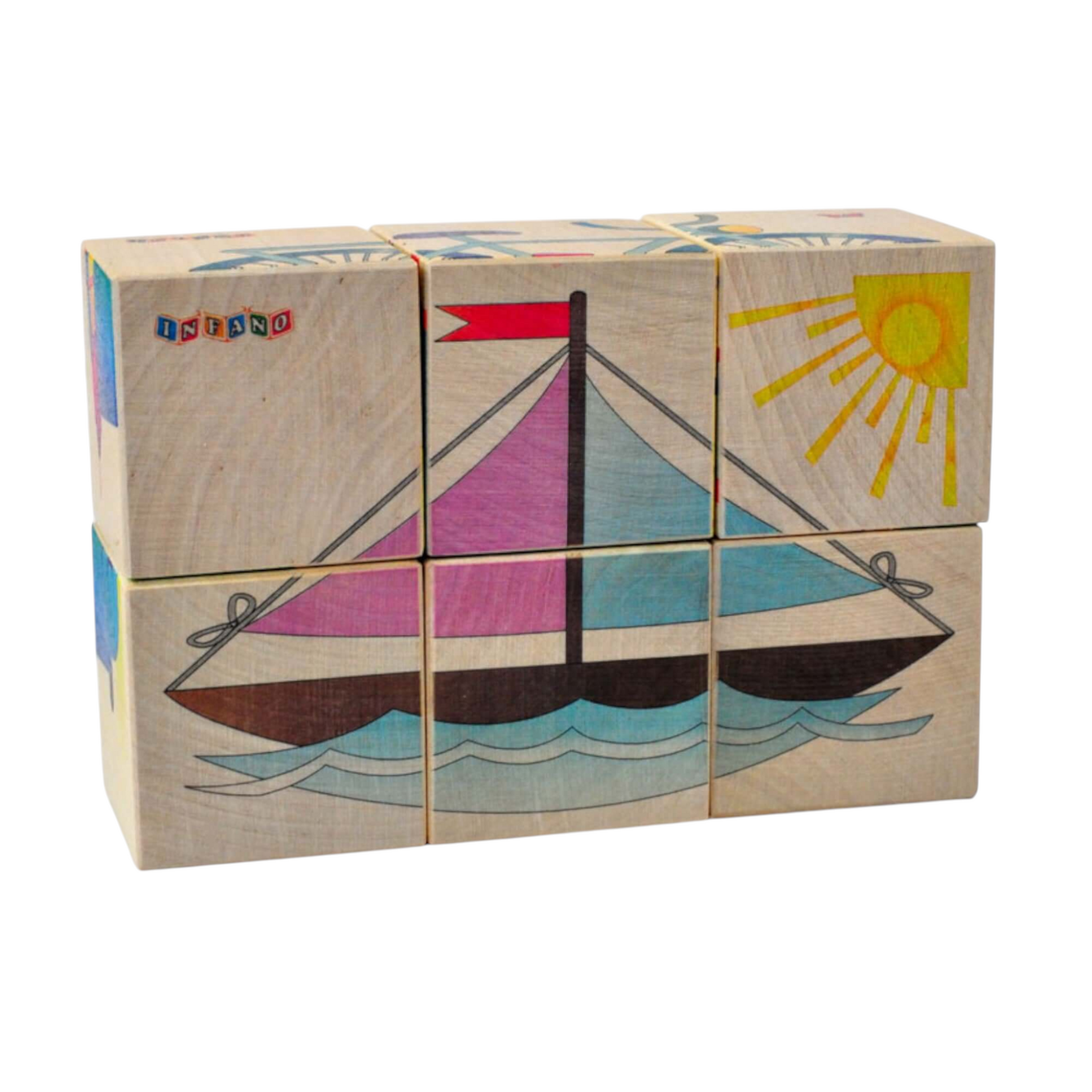 Wooden picture blocks - vehicles - 6 pcs featuring a colorful sailboat illustration.