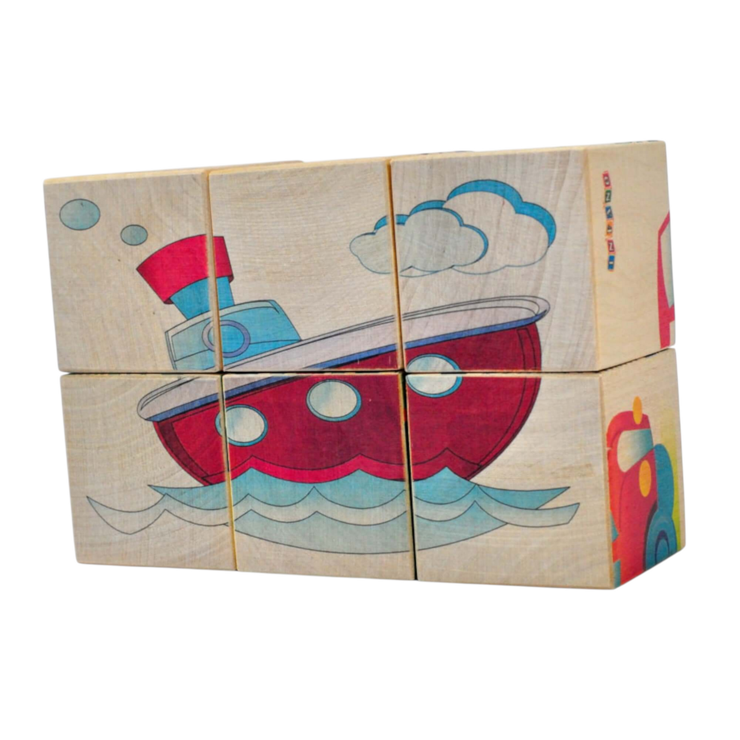 Wooden picture blocks - vehicles - 6 pcs, featuring a colorful boat illustration on one side.
