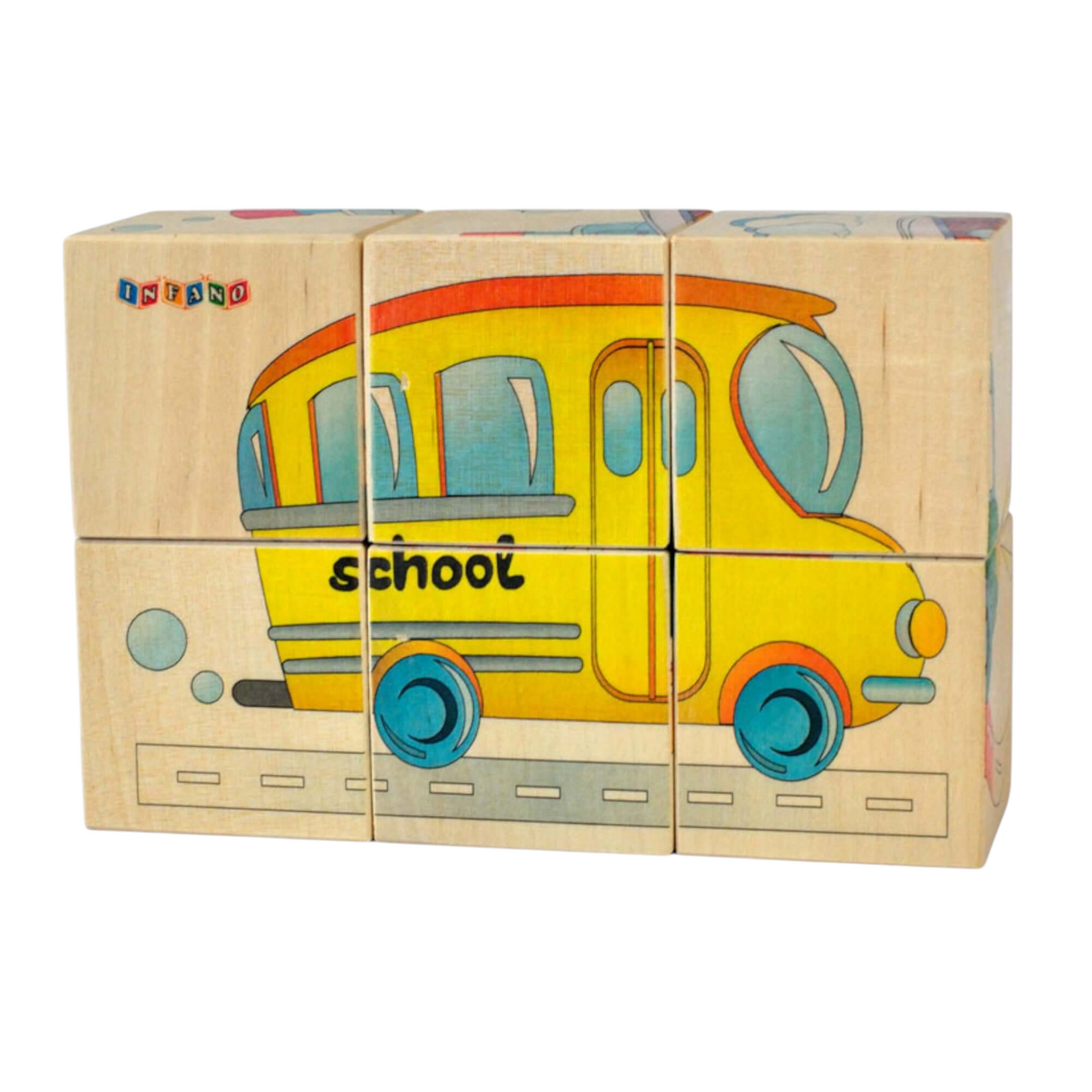 Wooden picture blocks - vehicles - 6 pcs. Featuring a colorful school bus design for kids.