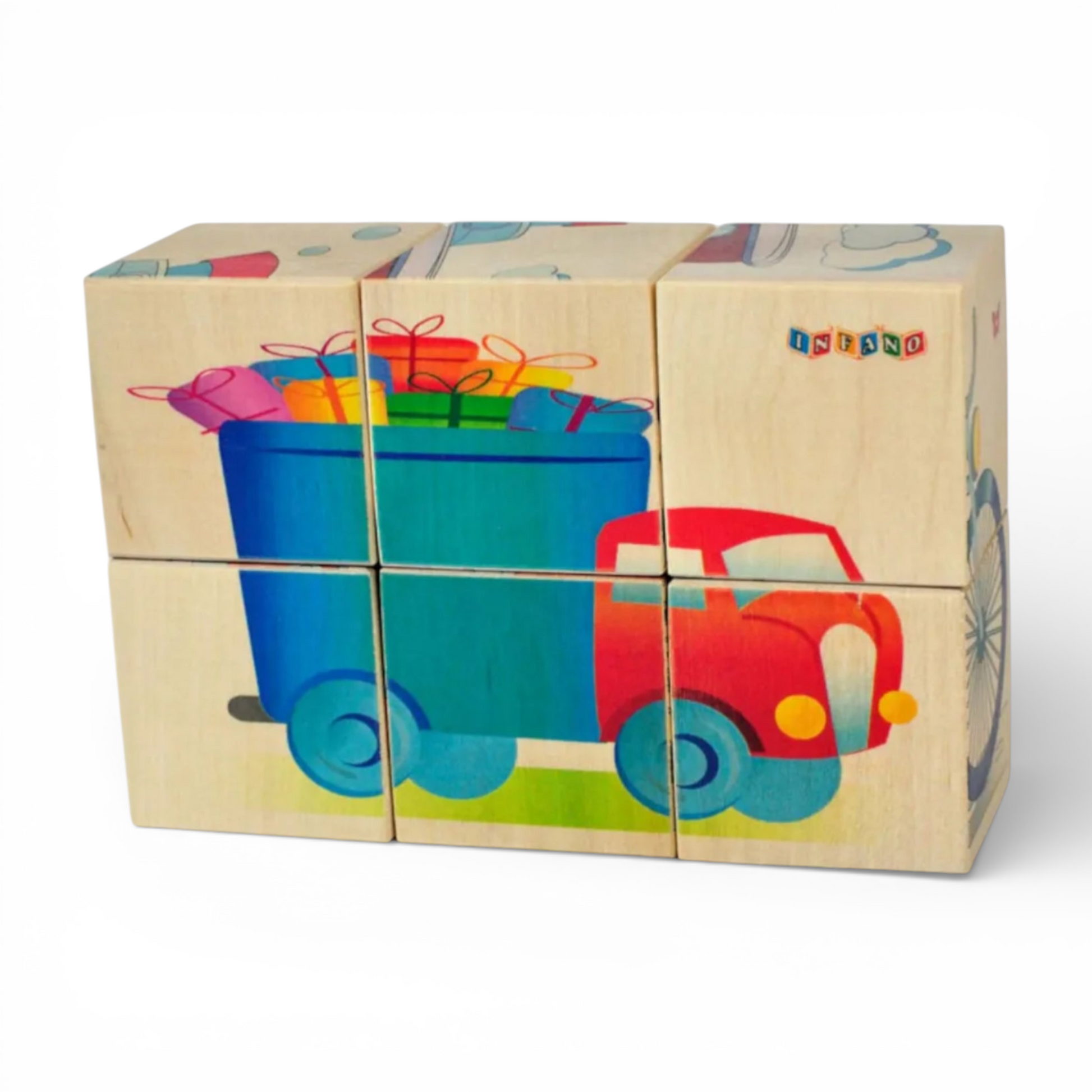 Wooden picture blocks - vehicles - 6 pcs showing a colorful truck loaded with gifts.