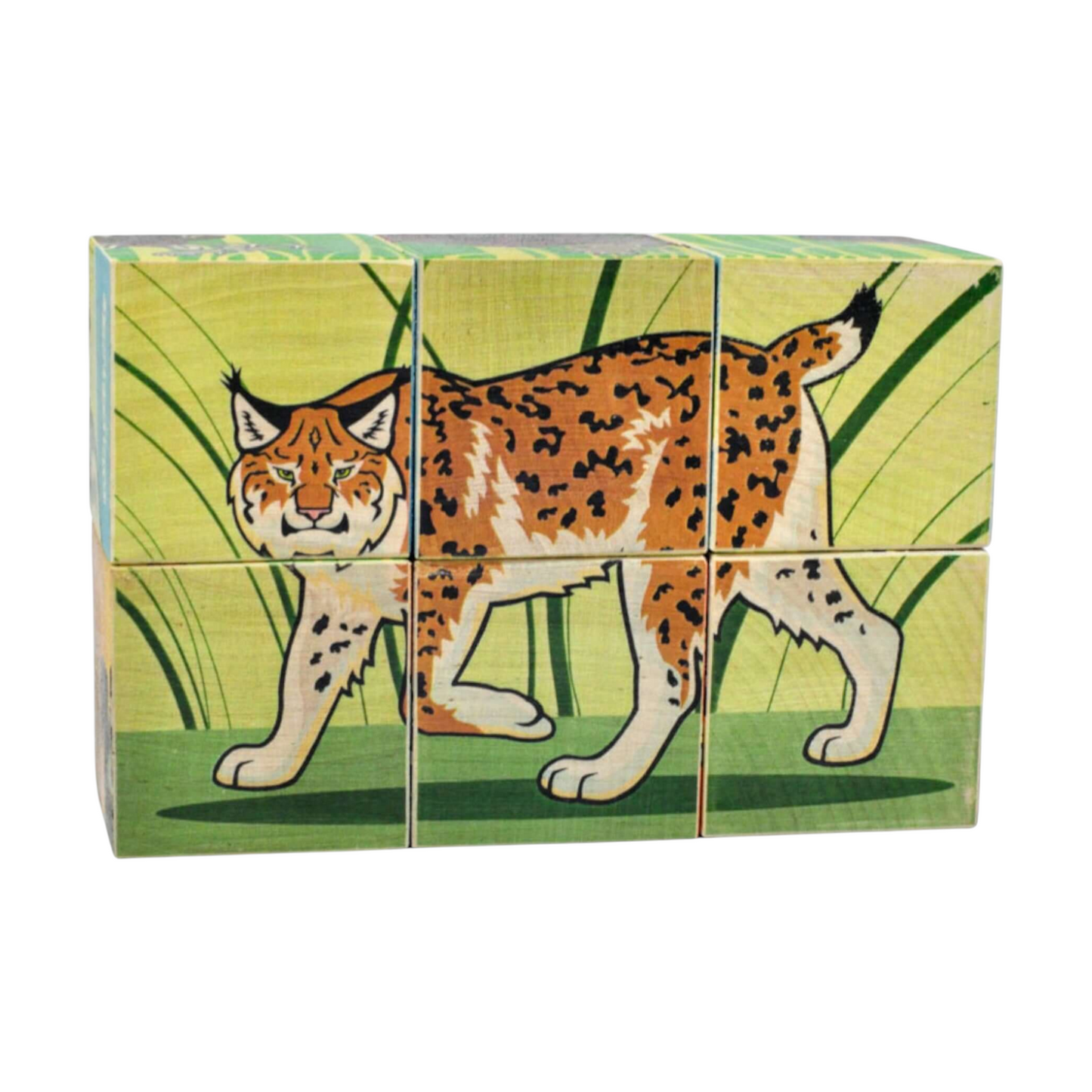 Wooden picture blocks - wild animals - 6 pcs featuring a lynx character design with vibrant colors and details.