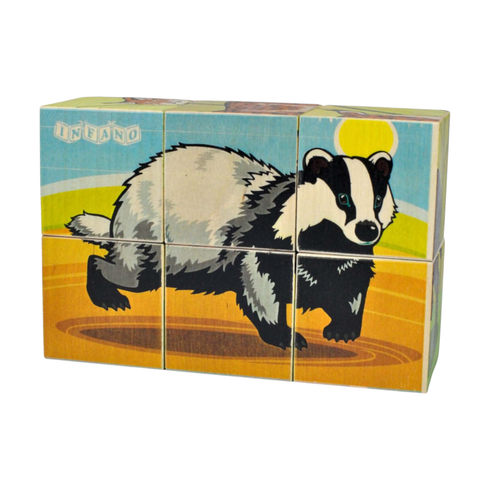 Wooden picture blocks - wild animals - 6 pcs showing a colorful illustration of a badger.