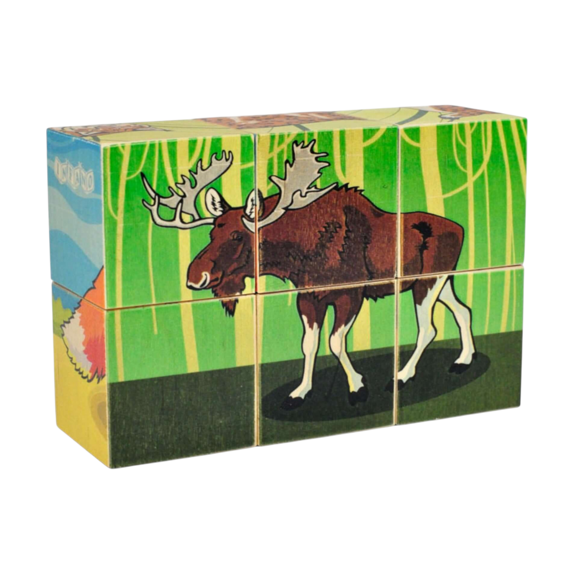 Wooden picture blocks - wild animals - 6 pcs showing a moose design in a colorful forest background.